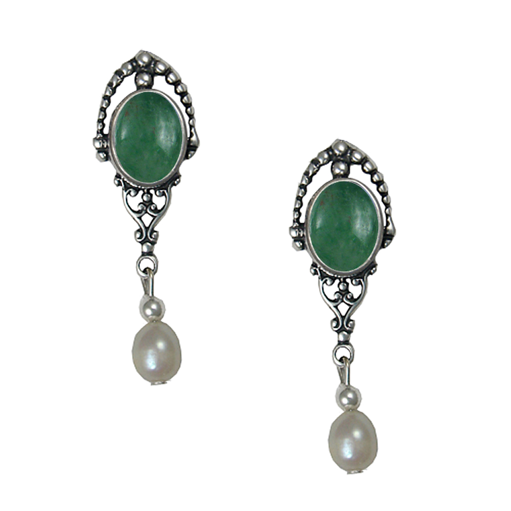 Sterling Silver Cultured Freshwater Pearl Drop Dangle Earrings With Jade